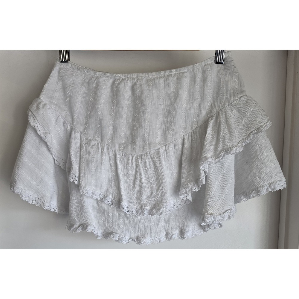 Love Tree Mini Skirt L White Textured Cotton Casual Summer Boho Tiered Peasant